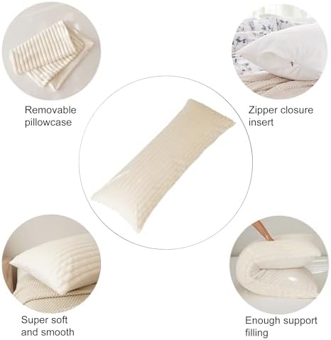 Full Body Pillow with Fluffy Stripe Faux Fur Removable Cover, Long Bed Pillow Adult 20x54 Inches for Side Sleeper and Pregnancy, Beige. - Image 6