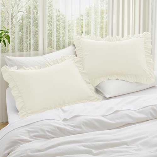 KKJIAF Ruffle Pillow Cases King Size Set of 2, Beige - Image 2