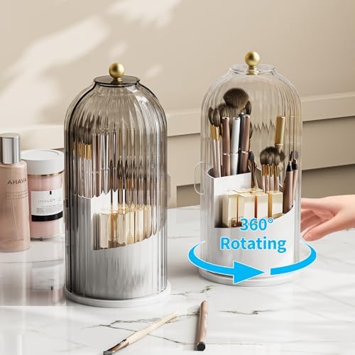 Dustproof Toothbrush Holder with Lid, 360 Rotating Countertop Electric Toothbrush Toothpaste Holders with Cover for Bathroom, 3 Slots Makeup Brush Holder with Lid for Vanity, Clear Grey - Image 4