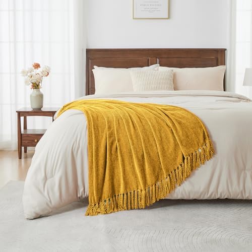 CozeCube Chenille Throw Blanket, Harvest Gold Fringe Blanket, 60"X80" - Image 4