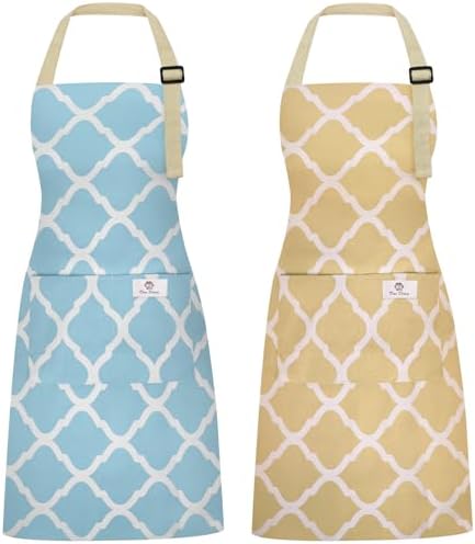 2 Pieces Aprons for Women with Pockets, Cotton Linen Waterproof Kitchen Cooking Aprons, Chef Apronfor Men Women with Adjustable Neck Strap and Long Ties(Blue/Yellow) by Riqiaqia