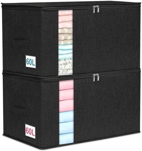 punemi 60L Comforter Storage Bags with Side & Bottom Support, 2 Pack, Black by Punemi