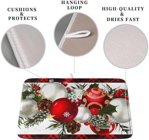 Christmas Red Buffalo Plaid Dish Drying Mat for Kitchen Counter 16x18 Inch Winter Xmas Ball Snowflake Pine Cones Dishes Drying Mat Microfibe Super Absorbent Dish Rack Pad for Coffee Bar Sinks - Image 3