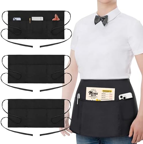 3 Pack Waist Apron - Server Aprons With 3 Pockets - Water & Oil Resistant Waitress Apron - Black Half Aprons for Women Servers - 12 Inch by WillWell