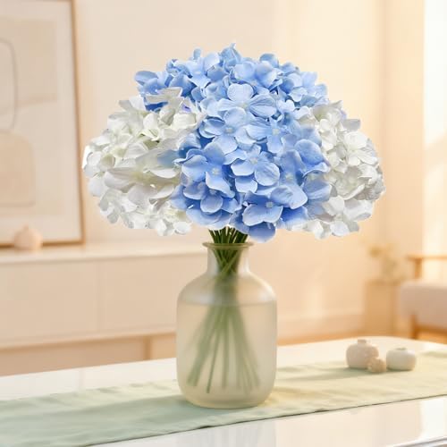 20 Pcs Blue and White Hydrangea Artificial Flowers Bulk, Faux Hydrangea Flowers Heads, Artificial Fake Silk Hydrangea Flowers with Stems, White Flowers Artificial for Decoration Wedding Décor - Image 3