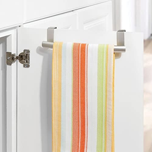 mDesign Steel Over Door Curved Towel Bar Storage, Hanger for Cabinet or Cupboard, Holder Rack for Kitchen, Bathroom - Holds Hand/Dish Towels, Washcloths - Spira Collection - 2 Pack - Satin - Image 3