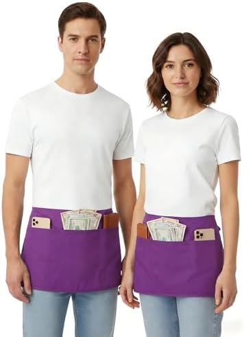 BOHARERS Waist Purple Apron with 3 Pockets - Black Waitress Server Short Apron - Image 4