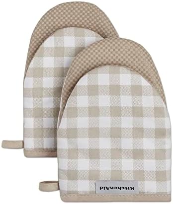 KitchenAid Gingham Mini Oven Mitt 2-Pack Set, Milkshake Tan, 5.5"x8" by KitchenAid