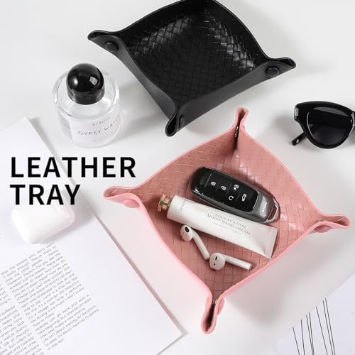 KINIVA 2 Pack PU Leather Jewelry Valet Tray for Men Women,Small Key Bowl for Entryway Table,Portable Travel Catchall Dice Tray (Square-Pink-2pcs) - Image 5