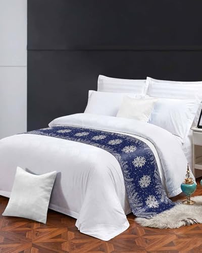 Navy Blue Christmas Bed Runners for Cal King Size Bed, Winter Snowflake Decorative Bed Throws for Foot of Bed, Xmas Botanical Bed Runner Sofa Throw Bedding Scarf Protector Slipcover for Bedroom/Hotel - Image 3