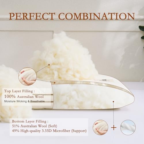 YOUR MOON Natural Wool Pillow King, Flat & Thin Wool Pillow for Sleeping, Breathable Cotton Cover, Low-Loft Bed Pillows for Back and Stomach Sleepers (Off White) - Image 2