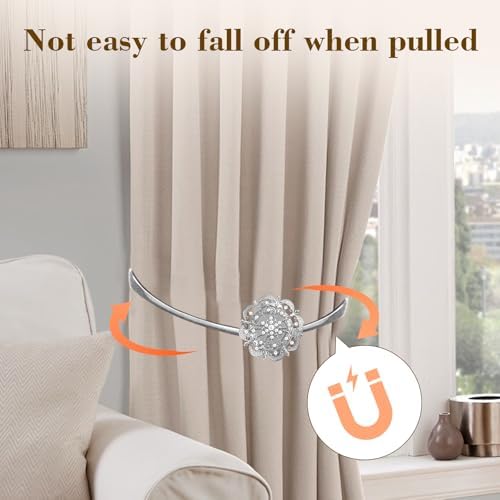 Magnetic Curtain Tiebacks 2 Pack, Silver Crystal Mandala Curtain Holdbacks, No-Drill Magnetic Curtain Ties for Living Room, Bedroom & Window Decor - Image 6