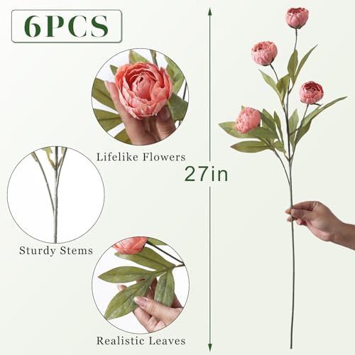 6 Pcs 27" Faux Silk Peony Artificial Flowers Stems for Vase (Dusty Pink) - Image 5
