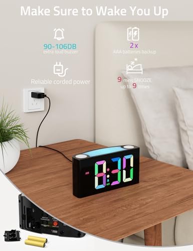 Mesqool Digital Alarm Clock for Bedrooms - Plug-in LED Clock with Dynamic RGB Digits, Dimmable Display & Night Light, 7 Color Options, Adjustable Alarm Volume, DST, 12/24 Hour - Ideal for Kids - Image 4