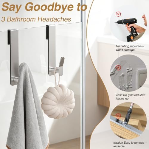 Aikzik Shower Door Hooks, Extended Towel Hooks for Frameless Glass Shower Doors, Modern Stainless Steel Over Door Hangers for Towels and Bathrobes, Heavy Duty Rustproof Bathroom Hooks, Silver 2-Pack - Image 3