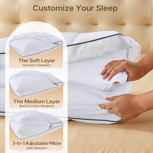 Luxury Adjustable Pillows King Size for Side Sleepers, Dual Layer Adjust Height Soft Firm Cooling Bed Pillow for Back, Stomach or Side Sleepers - Hotel Collection - Image 4