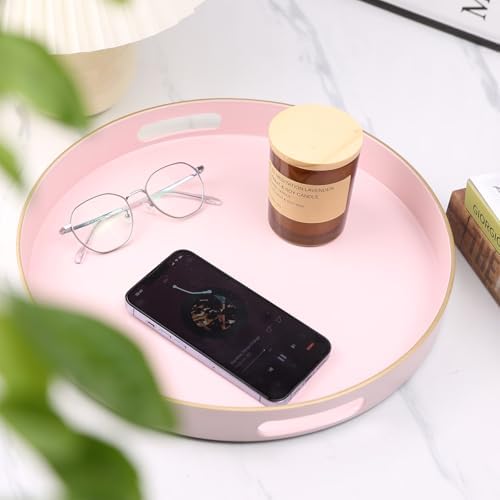 Pink Round Decorative Tray with Handles, 13" Versatile Serving Tray for Coffee Table, Ottoman, Ideal for Serving, Displaying, Organizing - Image 2