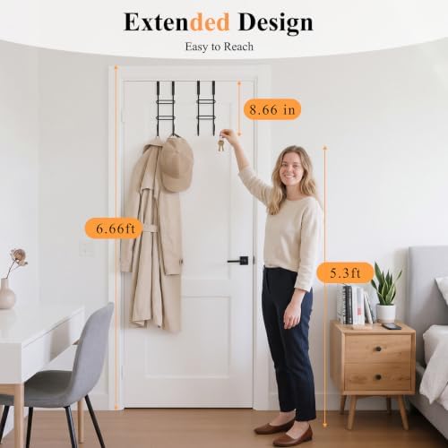 FYY 2 PCS Over the Door Hooks, Heavy Duty Double Hanger with Non-Slip Pads, No-Drill Metal Hook for Hanging Coats Towels Robes Closet Bathroom Bedroom, Fits 1.5 Inch Door Thickness, 7.87" Long, Black - Image 2