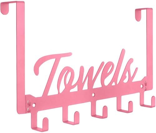 Azmoncy Over The Door Hooks, Towel Rack for Bathroom Towel Holder for Hanging Heavy Duty, Over Door Hanger with 5 Coat Hooks for Bedroom Bathroom Kitchen Towels, Pink by Azmoncy