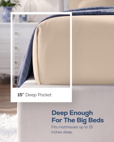 Pack of 2 Twin XL Fitted Sheet, Fits Up to 15 Inch Deep Pocket, Beige - Image 2