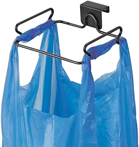 mDesign Over the Cabinet Metal Wire Small Garbage Container, Trash Bag Holder Rack for Recycled Reusable Disposable Plastic Shopping Grocery Bags for Kitchen, Pantry, Garage, Bathroom - Matte Black by mDesign