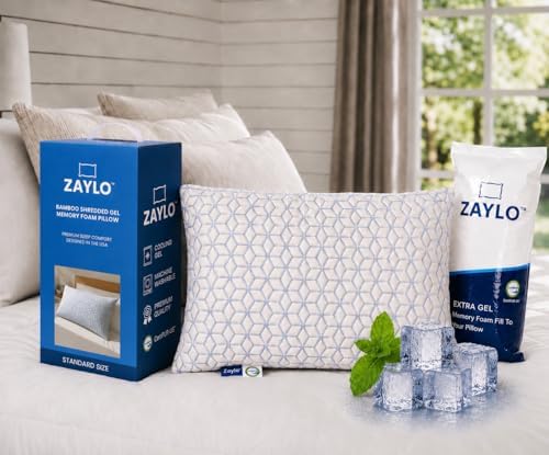 ZAYLO Cooling Bamboo Shredded Gel Memory Foam Pillow, CertiPUR-US Certified, Adjustable Height & Firmness, Bed Pillow for Side, Back & Stomach Sleepers, Standard Size by Unknown