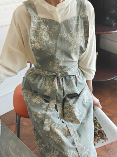 Adult Kitchen Apron Floral Cotton Waterproof Adjustable Apron Cooking Baking Garden Chef Apron with Pocket - Image 5