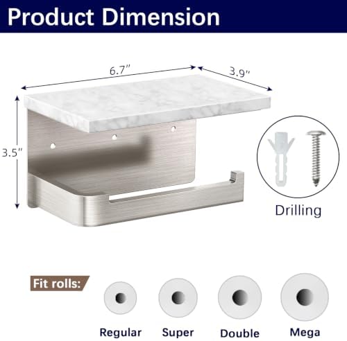 Gypie Toilet Paper Holder with Marble Shelf, Wall Mounted Brushed Nickel - Image 3