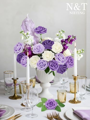 N&T NIETING Artificial Flowers 50Pcs Real Touch Fake Foam Rose Purple Flowers with Stems Lavender for DIY Wedding Bridesmaid Bridal Bouquets Centerpieces Party Home Decoration(Series Purple) - Image 2