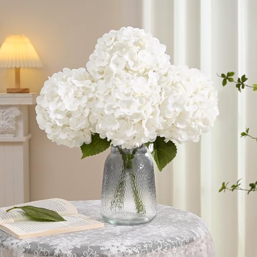 Yastouay 6 Pcs Real Touch Hydrangea Artificial Flowers, White - Image 3