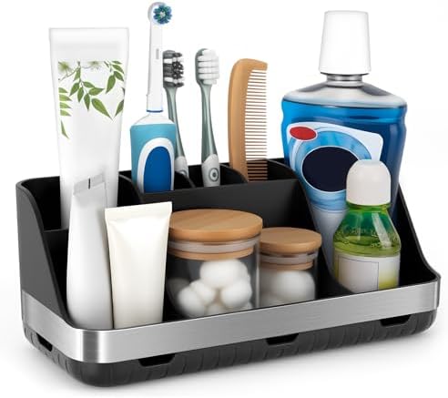 GFWARE Black Toothbrush Holder - 7 Slots Bathroom Organizer Countertop with Drainage Matte Black Electric Toothbrush and Toothpaste Holder for Bathroom Accessories Sink Storage by GFWARE