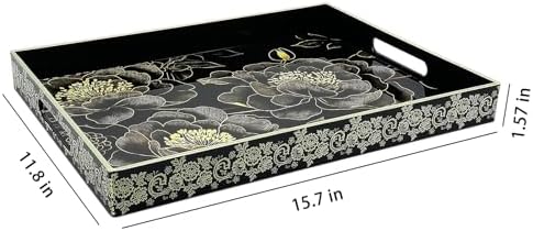Serving Tray with Handles, 15.7 * 11.8 inches, Plastic Ottoman Tray with Exquisite Paintings, Trays for Coffee Table - Image 2