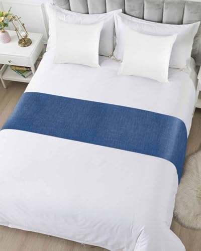 Retro Farm Linen Flax Bed Runners for Bedroom Hotel,Decorative Bedding Scarf Blue Solid Color Ocean Bed End Blanket Bedding Runner Scarves for Queen Size Bed,94x20in - Image 3