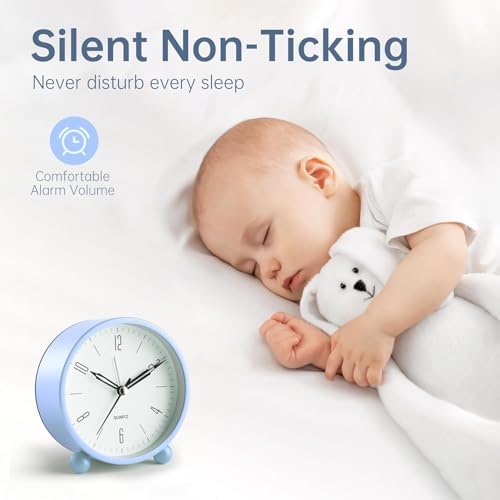 Analog Alarm Clock, 4 inch Super Silent Non Ticking Small Clock with Night Light, Battery Operated, Simple Design, Old fashioned Style SkyBlue decor, for Bedroom, Bedside, Desk, Adult, Gift, Blue - Image 2