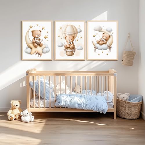 Teddy Bear Nursery Wall Art Decor Baby Boy Girl Room Pictures Bear Nursery Canvas Wall Art Decor Vintage Children's Room Posters Toddler Kids Neutral Artwork for Bedroom Playroom 16x24x3 Unframed - Image 3