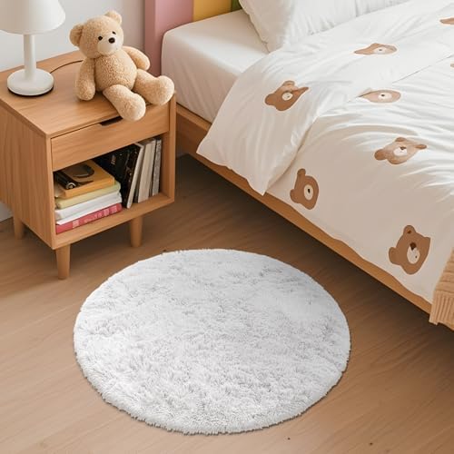 OLANLY White Round Rugs for Bedroom - Machine Washable, 2 ft Circle Area Rugs for Living Room, Soft and Fluffy Shaggy Carpet for Teen Girls and Boys, Nursery Rooms, Dorms, Home Decor Aesthetic - Image 3
