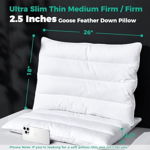 Three Geese Luxury Natural Flat Thin Goose Feather Down Pillows Standard Size, 2.5" Height, 100% Organic Cotton Cover, Medium Firm Hotel Collection Ultra Slim Thin Bed Pillows, Machine Washable,1 Pack - Image 4