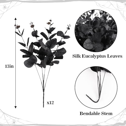 12 Pcs Black Eucalyptus Stems, 13" Fake Flowers DIY Black Silk Artificial Flowers Faux Spooky Branches for Home Halloween Farmhouse Gothic Floral Arrangements Decor - Image 7