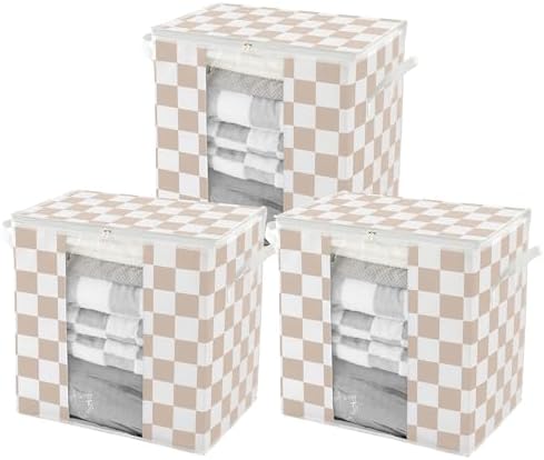 Ohocut Beige Checkered Clothes Storage Bins, 100L Large Blanket Storage Bags 3 Pack, Closet Organizers and Storage Containers for Comforters, Bedding, Foldable Organizer with Handle by Ohocut