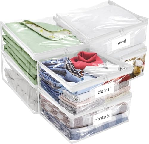 Plastic Storage Bags with Easy-Glide Zipper, Pack of 6, Durable Clear Vinyl Zippered Storage Bags for Clothes Sweaters Comforters Blankets Sheets Bedding (15 x 12 x 5 Inch, Transparent White) by Kikerike