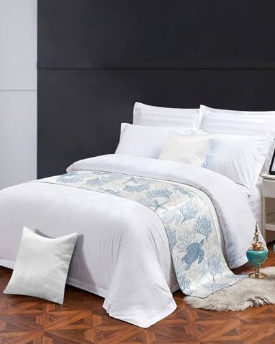 Blue Grey Coastal Bed Runner for Full/Queen Size Bed, Bedspread Protector Slipcover Bed Scarf for Foot Bed Runners & Scarves for Bedroom Hotel Wedding Room 83x20 Sea Turtle Nautical Coral Summer Beach - Image 3