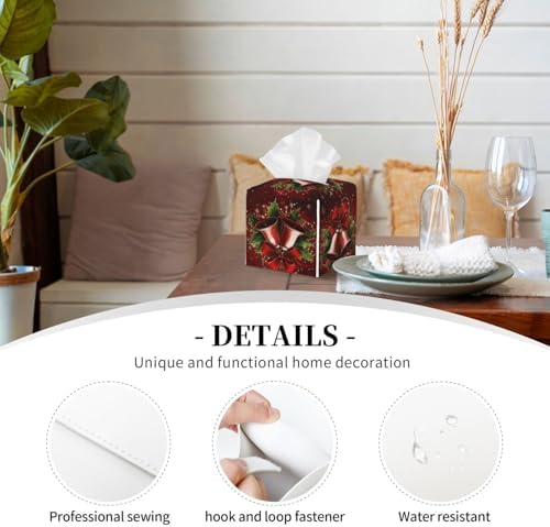 Christmas Holly Red Bell Tissue Box Cover Square Leather Tissue Case Holder Facial Paper Organizer Decorative for Tabletop Night Stands Desk Bathroom Kitchen Car Office Home Decor - Image 3