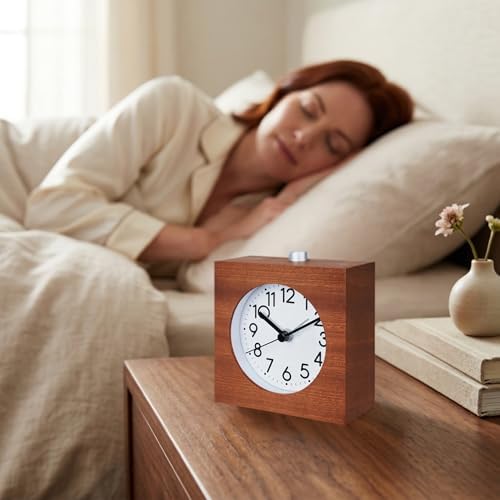 Wooden Analog Alarm Clock Silent Battery Operated with Night Light - Image 4