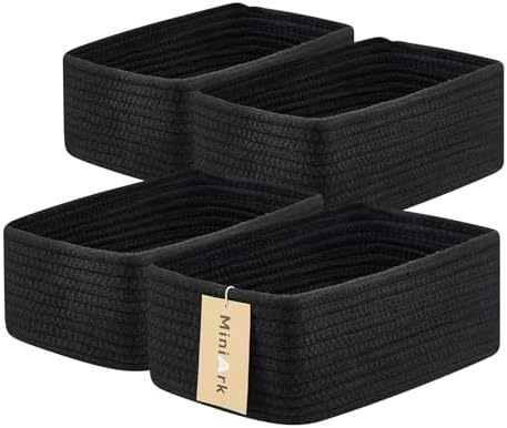 MiniArk Small Storage Baskets for Organizing | Closet Organizer Bins | Shelf Toy Basket | Woven Rope Baskets | Cube Decorative Box | Shallow Basket | 11.5x7.5x4.7” | 4 Packs Black by MiniArkStorageBasketsHome