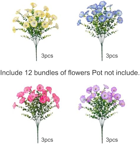 HyeFlora Artificial Flowers for Outdoors Fake Plants Outside Decoration, 12 Bundles Silk Colorful Morning Glory with Eucalyptus UV Resistant Realistic Faux Flowers for Planter Porch Patio Yard Indoor - Image 5