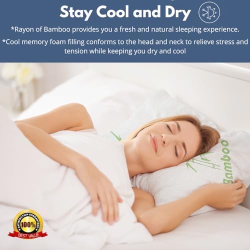 Memory Foam Rayon Bamboo Pillows Queen Size Set of 2 for Sleeping [Adjustable] - Cool & Breathable Cover with Zipper Rayon Bamboo Pillowcase - Relieves Neck Pain - Back/Stomach/Side Sleeper - Image 2