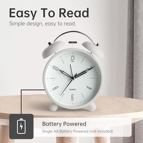 Twin Bell Loud Alarm Analog Alarm Clock, 4 inch Super Silent Non Ticking Small Clock with Night Light, Battery Operated, Simple Design, Old Fashioned, for Heavy Sleeper, Bedroom, Bedside, Desk, White - Image 3