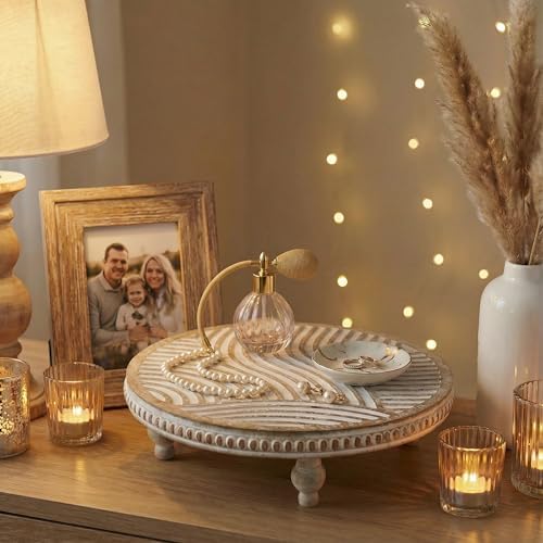 Wood Riser for Kitchen Counter, Round Wooden Trays for Decor, Wavy Lines - Image 5