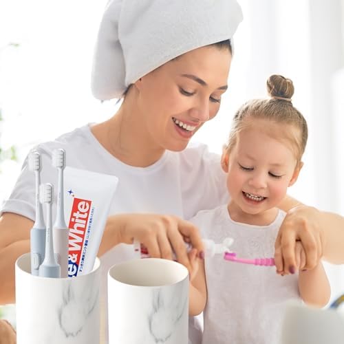 Marble Toothbrush Holders - 2 Ceramic Toothbrush Holders for Bathrooms Toothbrush Toothpaste Holders Set, White Bathroom Tumbler Cups Reusable Toothbrush Mouthwash Cup, Bathroom Counter Organizer. - Image 2
