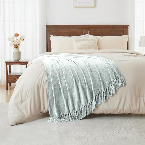 CozeCube Chenille Throw Blanket, Baby Blue Fringe Blanket, 60"X80" - Image 4